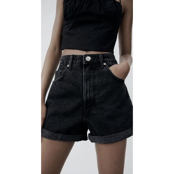 NWT ZARA Black Mom Fit High Rise Bermuda Denim Jean Shorts Womens 0 - Picture 1 of 5